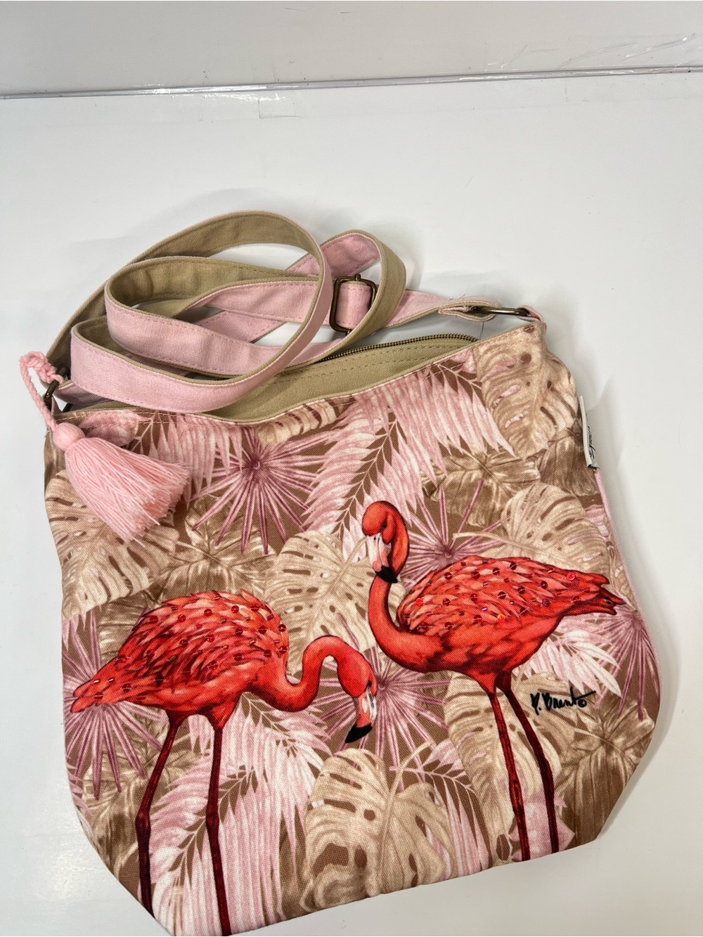 Paul Brent Flamingo Tropical Crossbody Shoulder Bag Pink Tassel Adjustable Strap